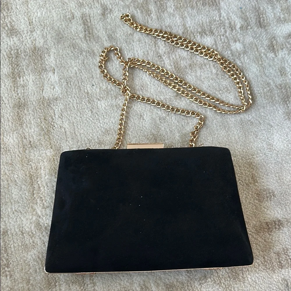 Black Suede Chain Shoulder Bag with Gold Hardware
